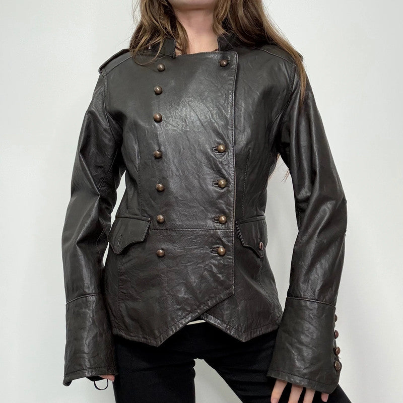 aymmetric brown leather military napolionic jacket