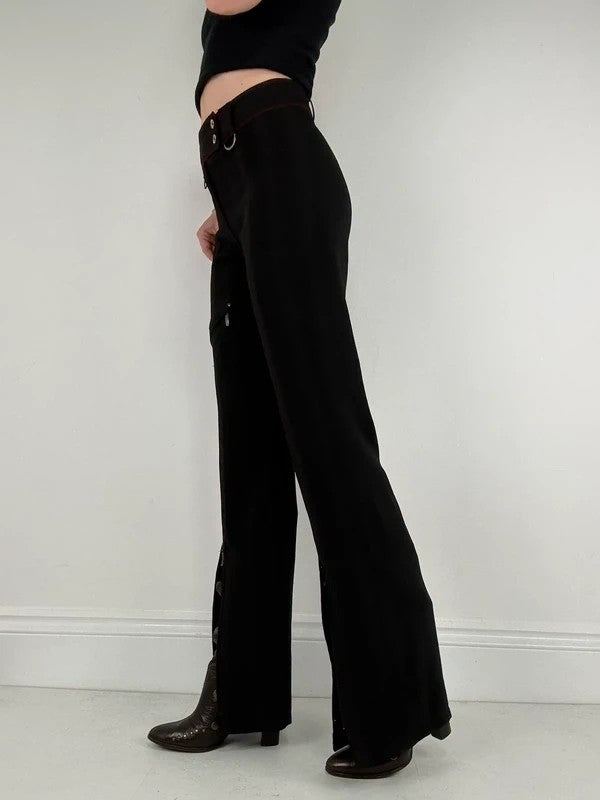 black pinstripe flared gothic d-ring utility trousers