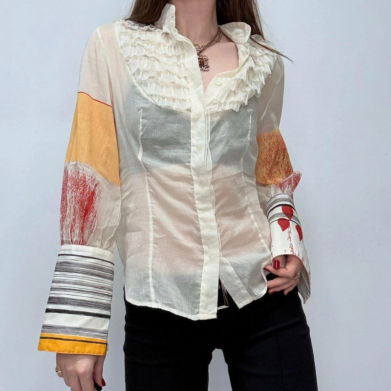 cream ruffle printed sheer shirt