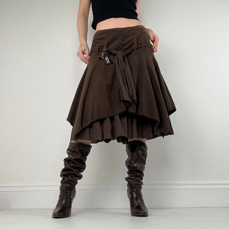 brown layered pleated midi skirt