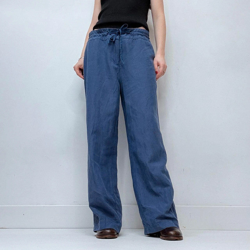 blue wide-leg linen silk drawstring trousers