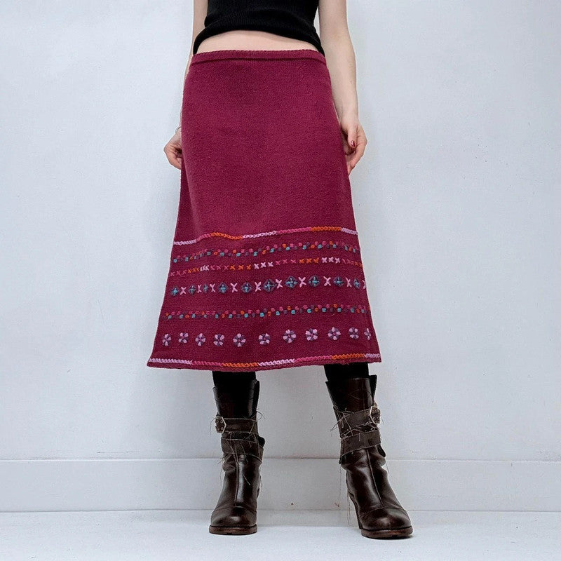 pink hippie knitted embroidered midi skirt