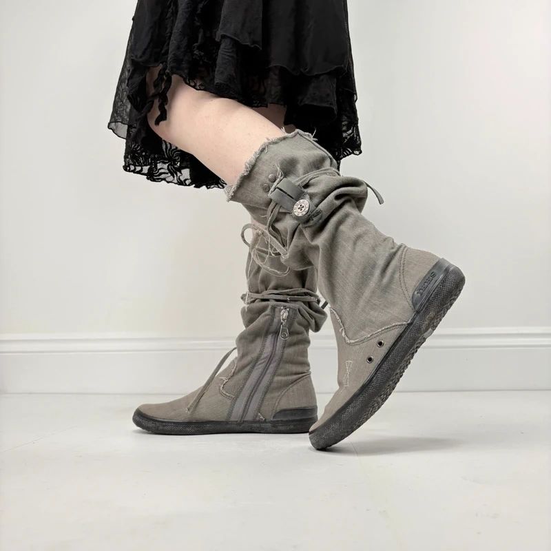 grey canvas slouchy trainer boots