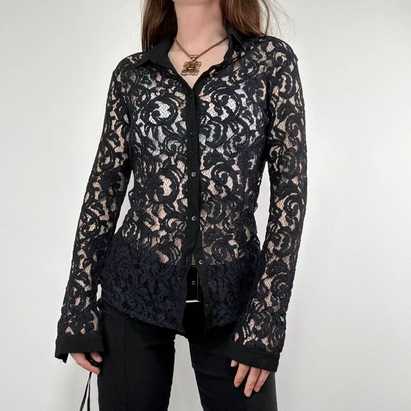 sheer navy lace fitted shirt