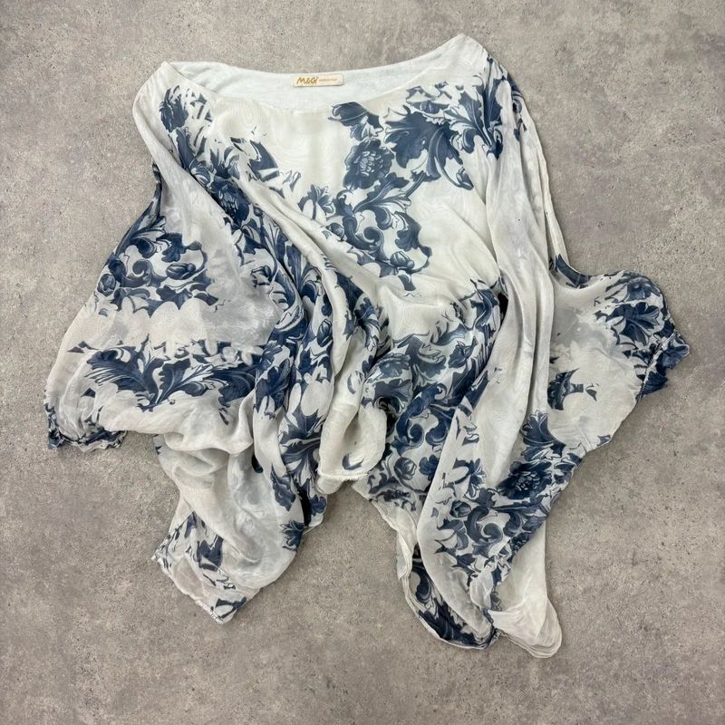 white and blue silk draped regency printed batwing blouse