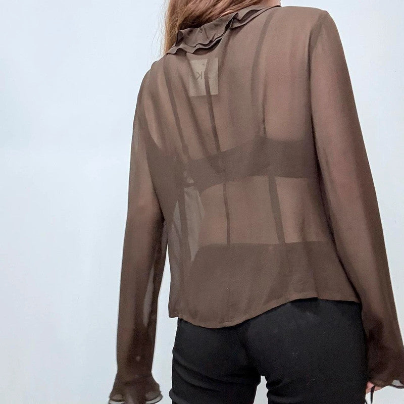 sheer brown silky gathered ruffle shirt