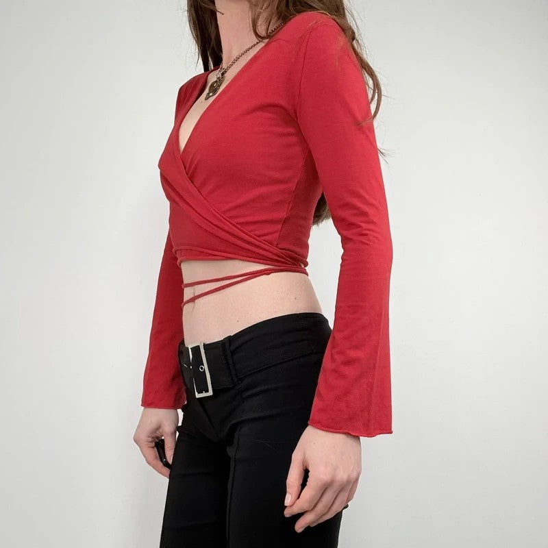 red jersey cropped ballerina wrap cardigan