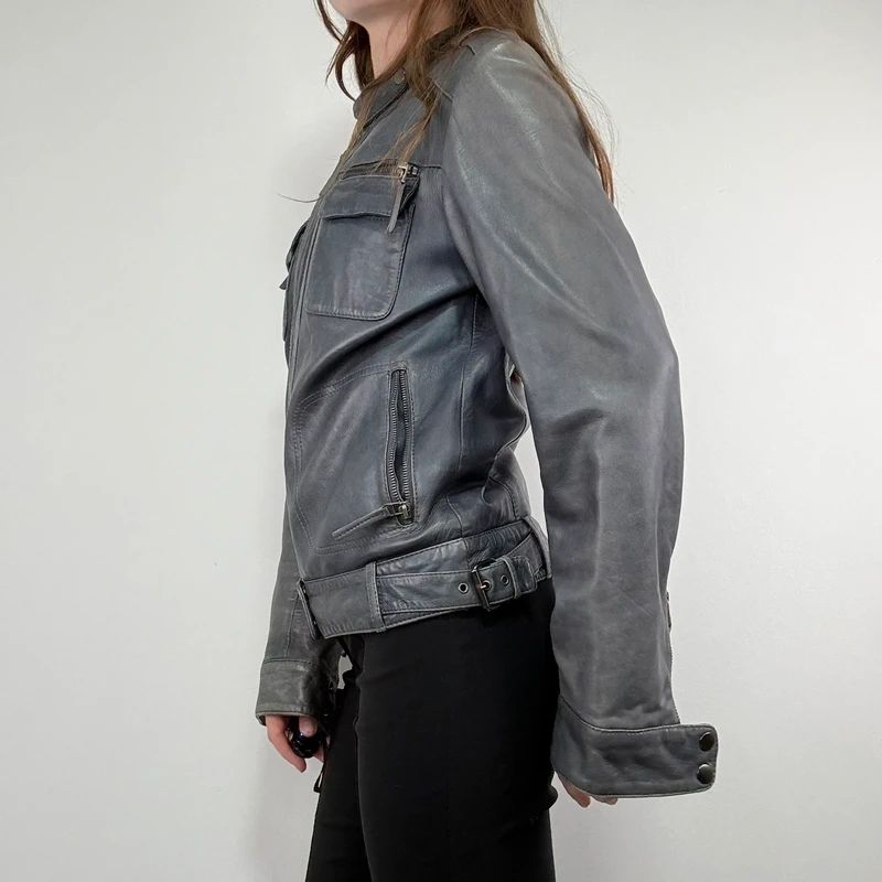distressed leather boxy biker jacket