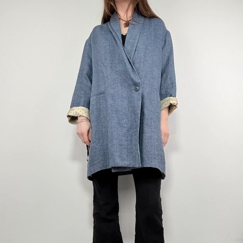 blue linen slouchy oversized long blazer
