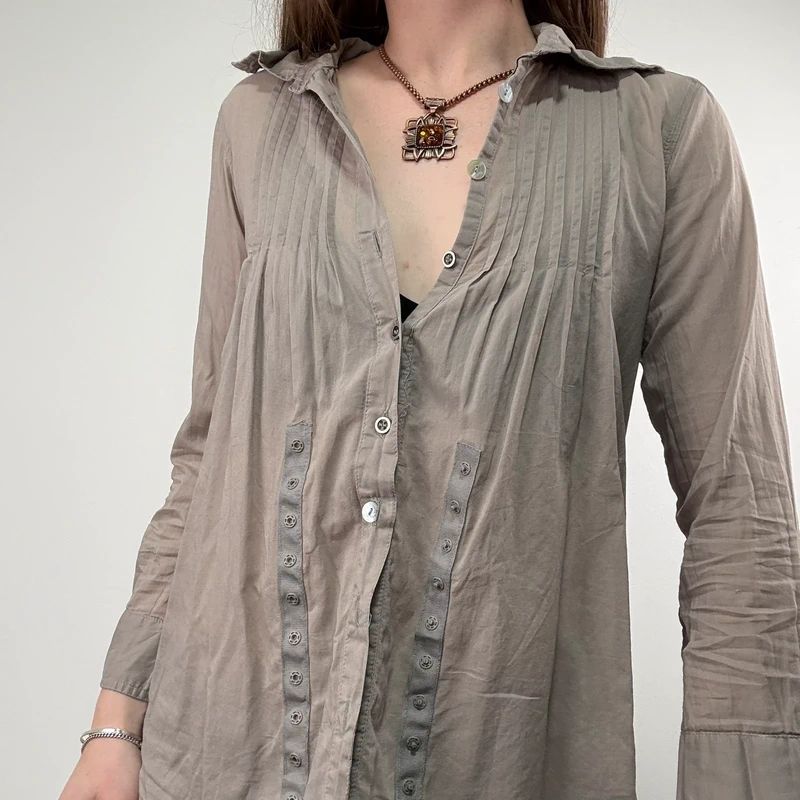 brown pleated flared patchwork button shirt