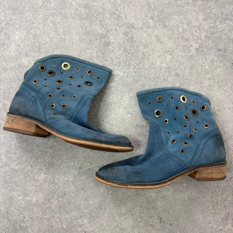 Blue suede studded eyelet ankle boots