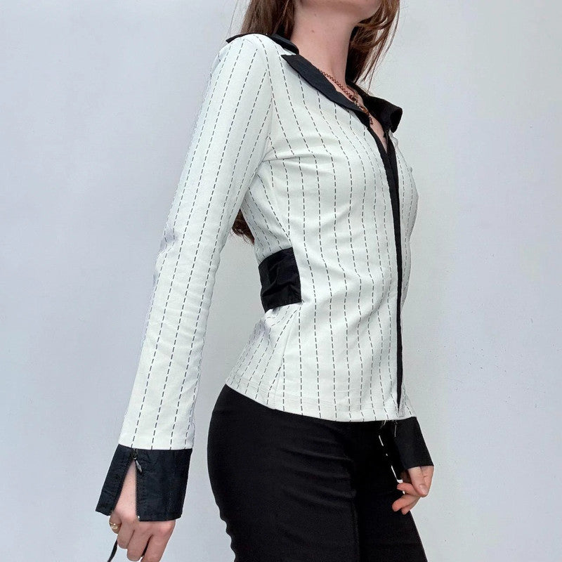 pinstripe officecore zipper flare shirt