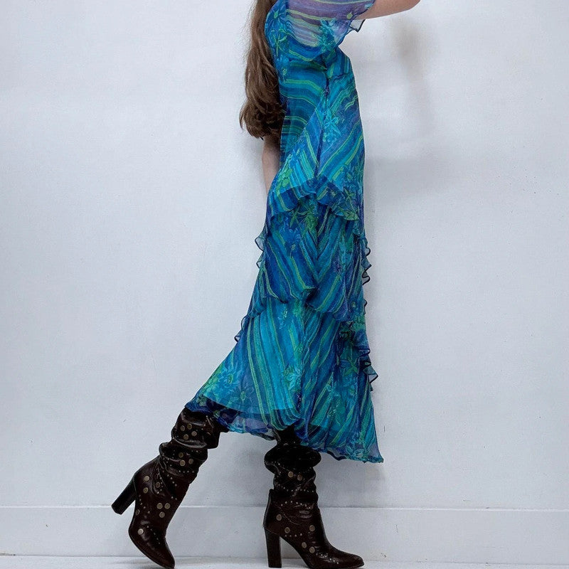 blue layered pinstripe ruffle dress