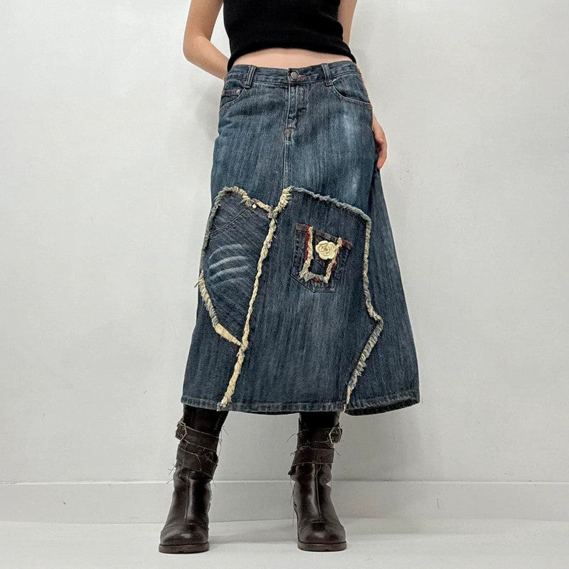 Contrast denim distressed crochet skirt