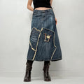 Contrast denim distressed crochet skirt
