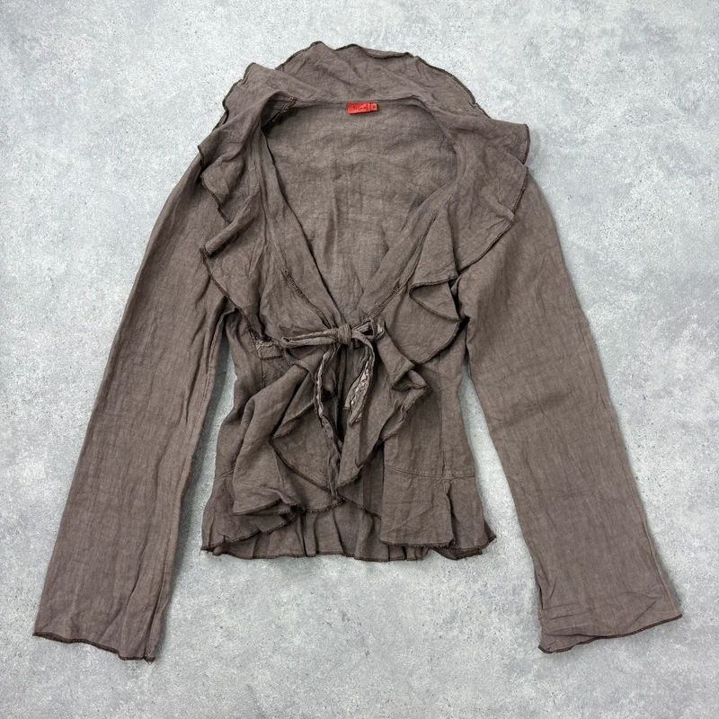 brown linen flared fitted ruffle shirt