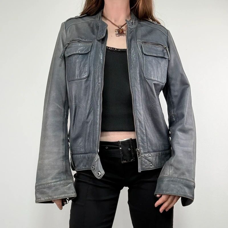 distressed leather boxy biker jacket