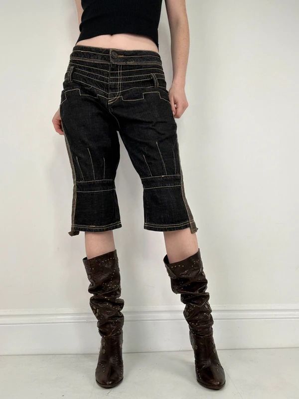 distressed black denim jorts capri pants