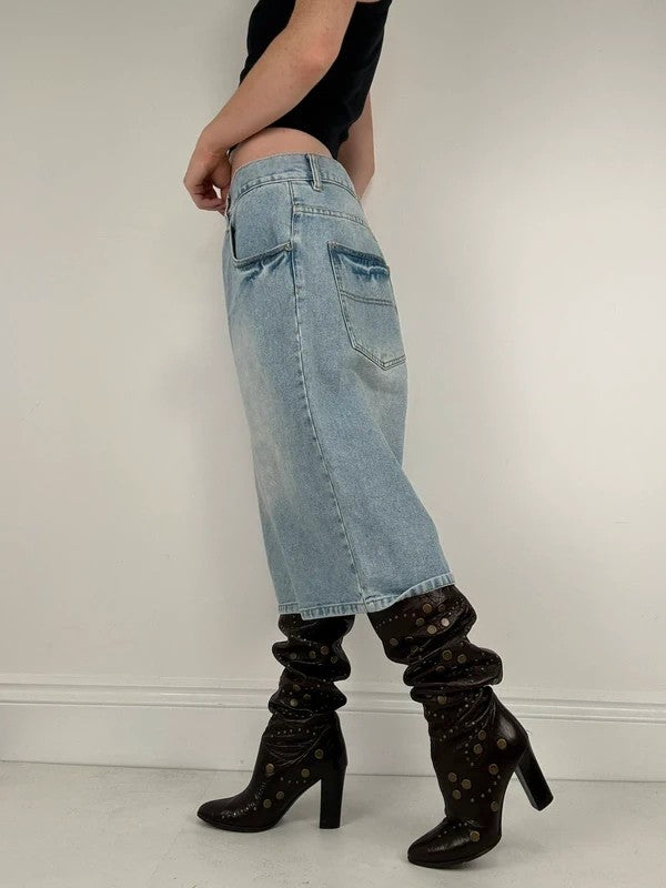 oversized wide leg denim jorts with graphic print