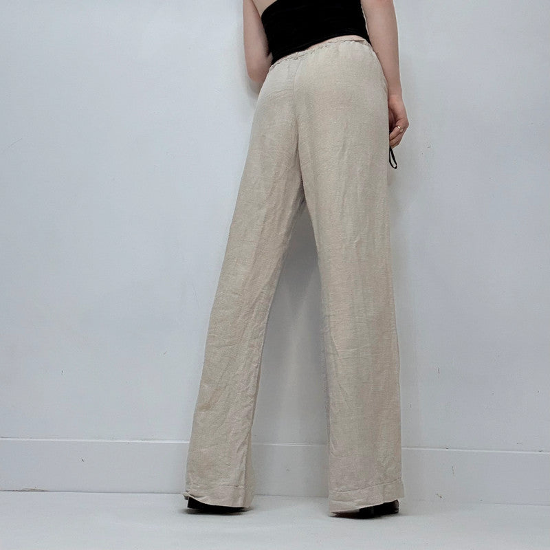 tan 100% linen wide leg flared trousers