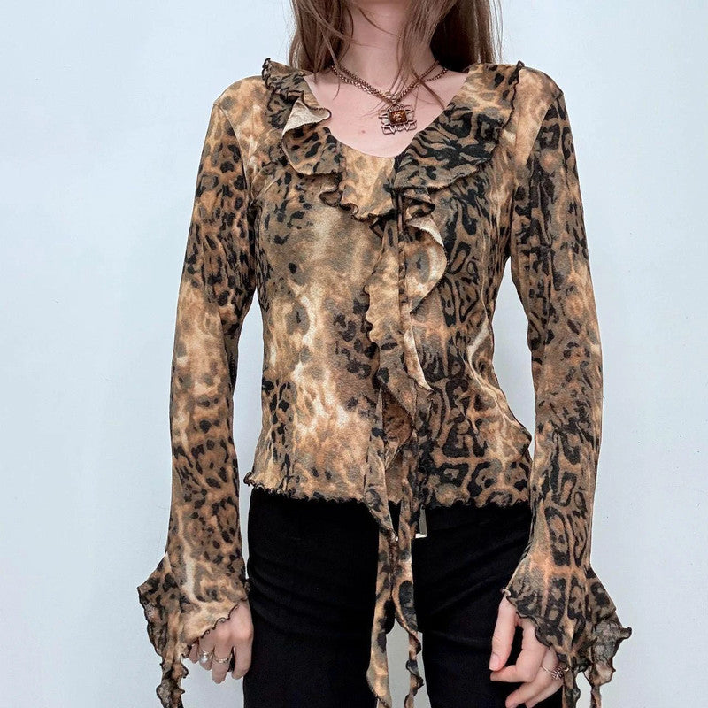 flutter ruffle flared leopard blouse