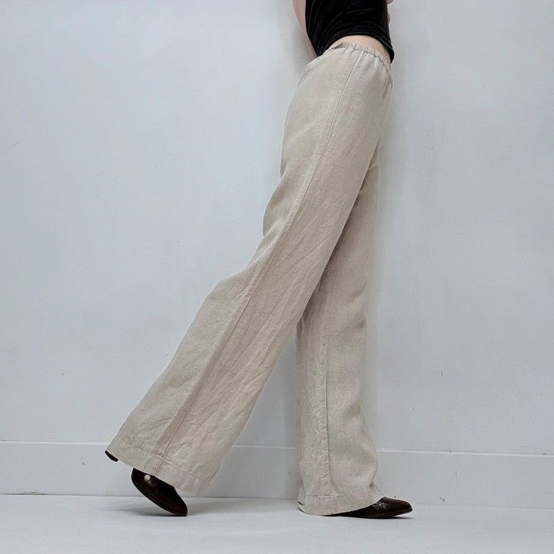 tan 100% linen wide leg flared trousers
