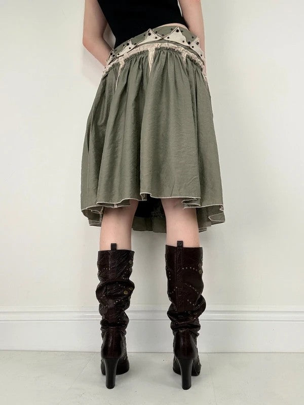 khaki pleated drop waist midi skirt