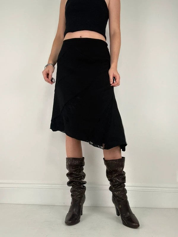 black asymmetric lace panelled midi skirt
