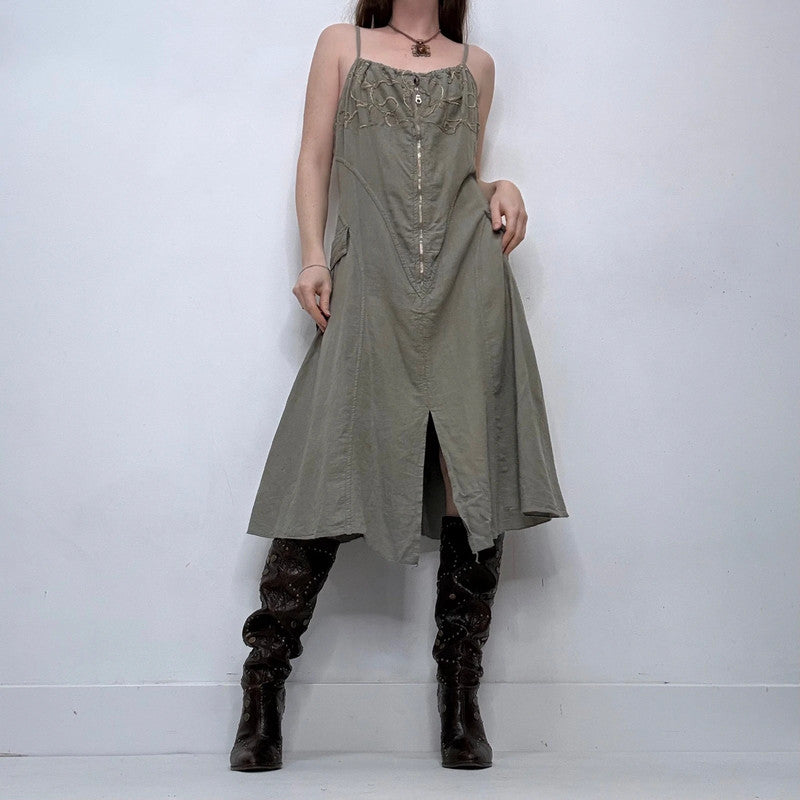 khaki embroidered zip midi dress