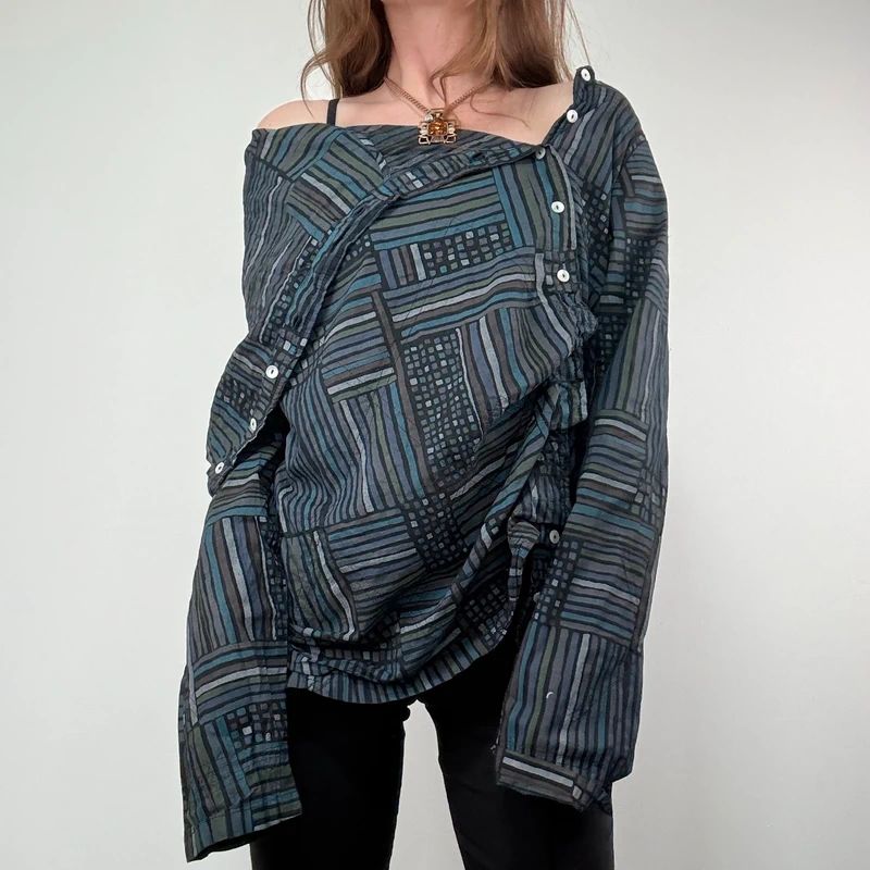 Asymmetric fold over draped checked pinstripe Shirt