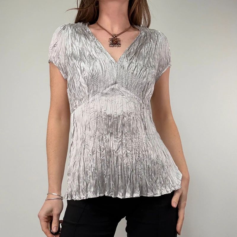 silver crinkle pleated blouse vest