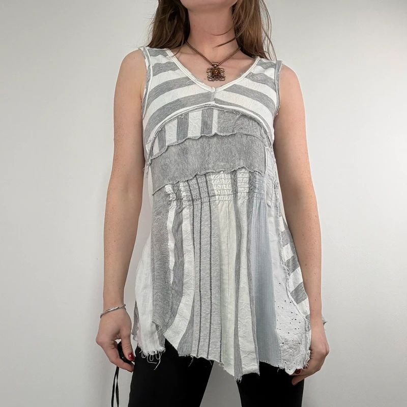 grey striped patchwork asymmetric vest