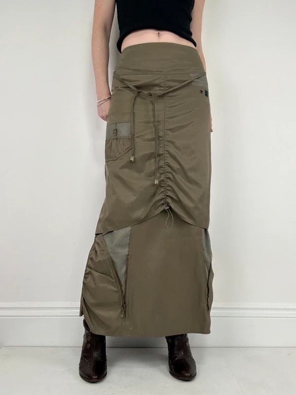 khaki utility gathered maxi skirt
