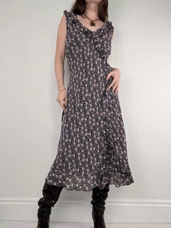 black polkadot ruffle flutter midi dress