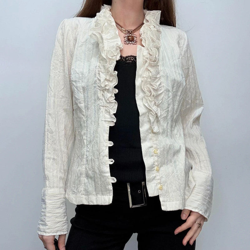 white pinstripe ruffle shirt