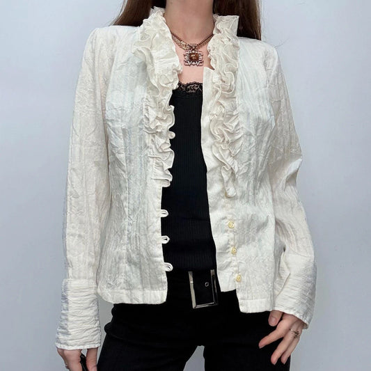 white pinstripe ruffle shirt