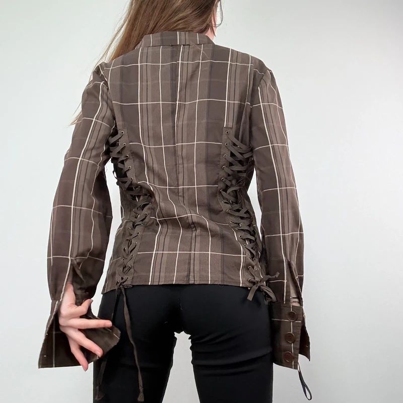 Brown tartan Asymmetric corset Shirt