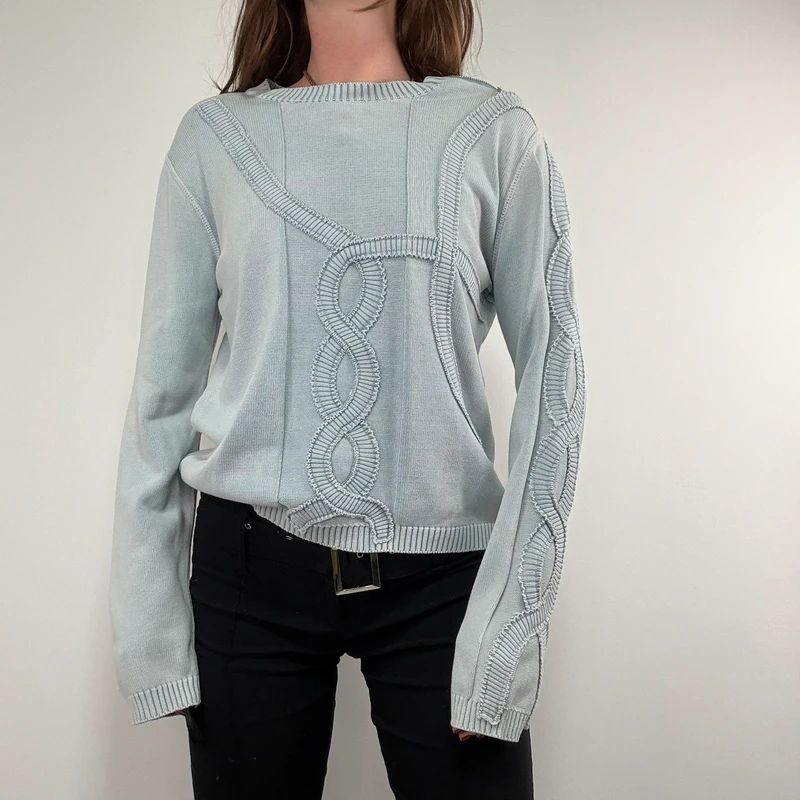pale blue epaulette pleated embroidered jumper