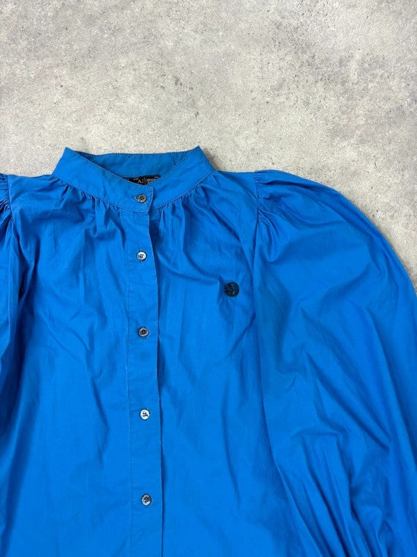 Blue cotton button puff midi shirt dress