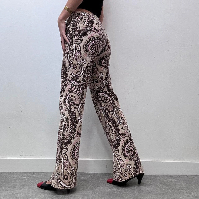 brown paisley patterned flared cord trousers
