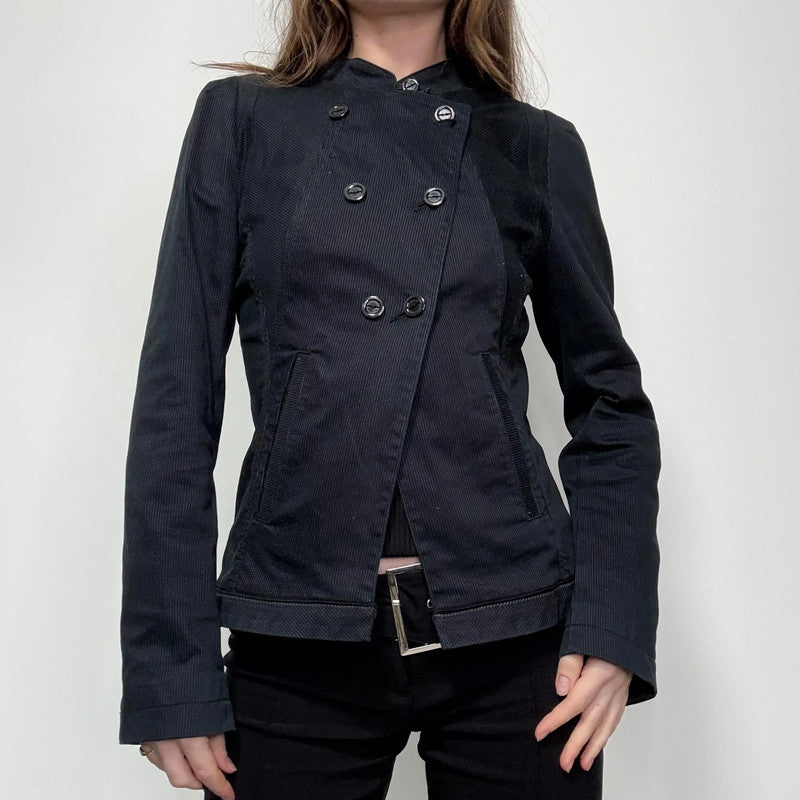 navy pinstripe fitted asymmetric jacket