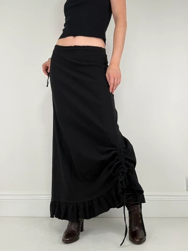 Low waisted black cinched ruffle maxi skirt