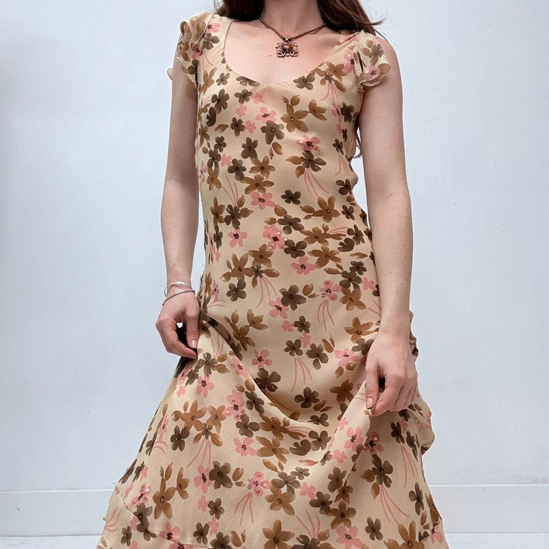 brown floral silk bias cut midi dress
