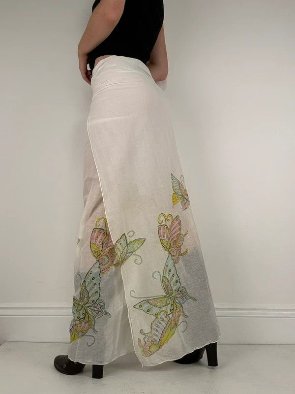 White cotton sheer butterfly summer maxi cover-up