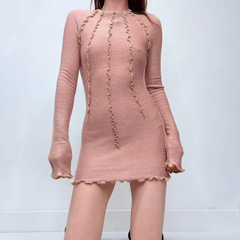 pink knitted long sleeve mini dress