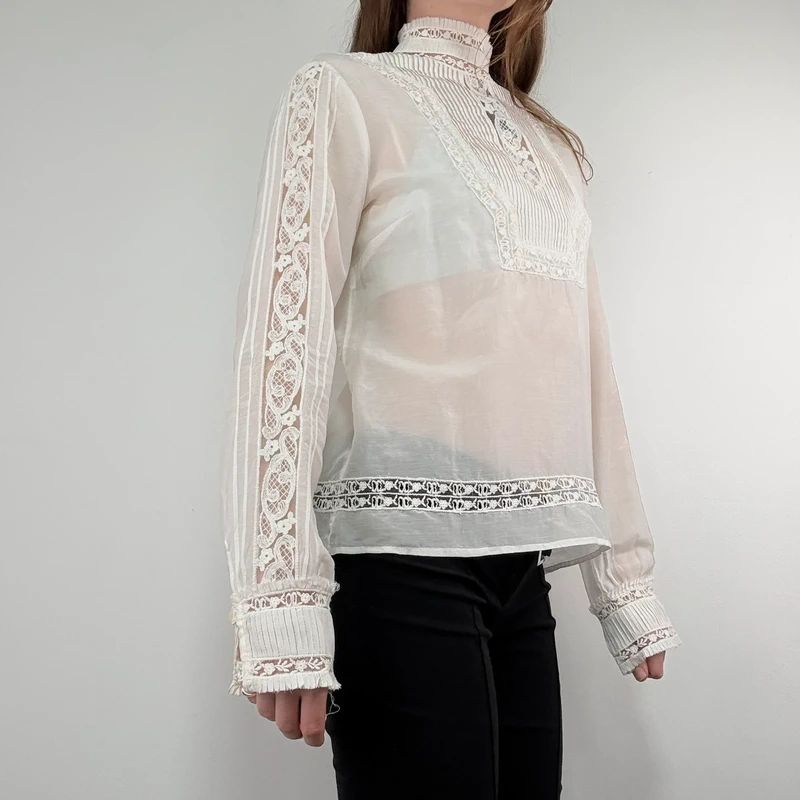 white pleated lace blouse