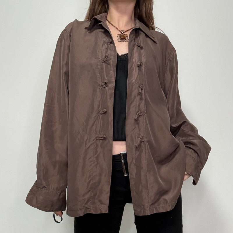 brown silk toggle shirt