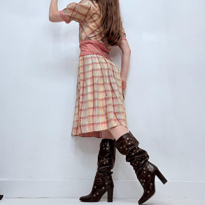 Antique preppy pink checked fitted flared pleated dress