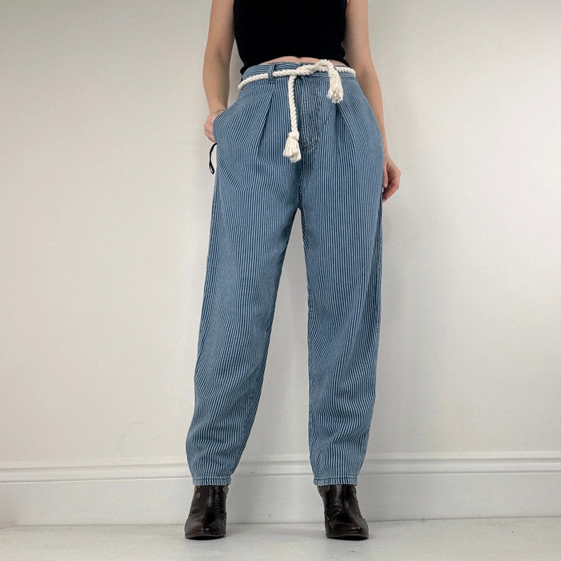 pleated pinstripe barrel trousers