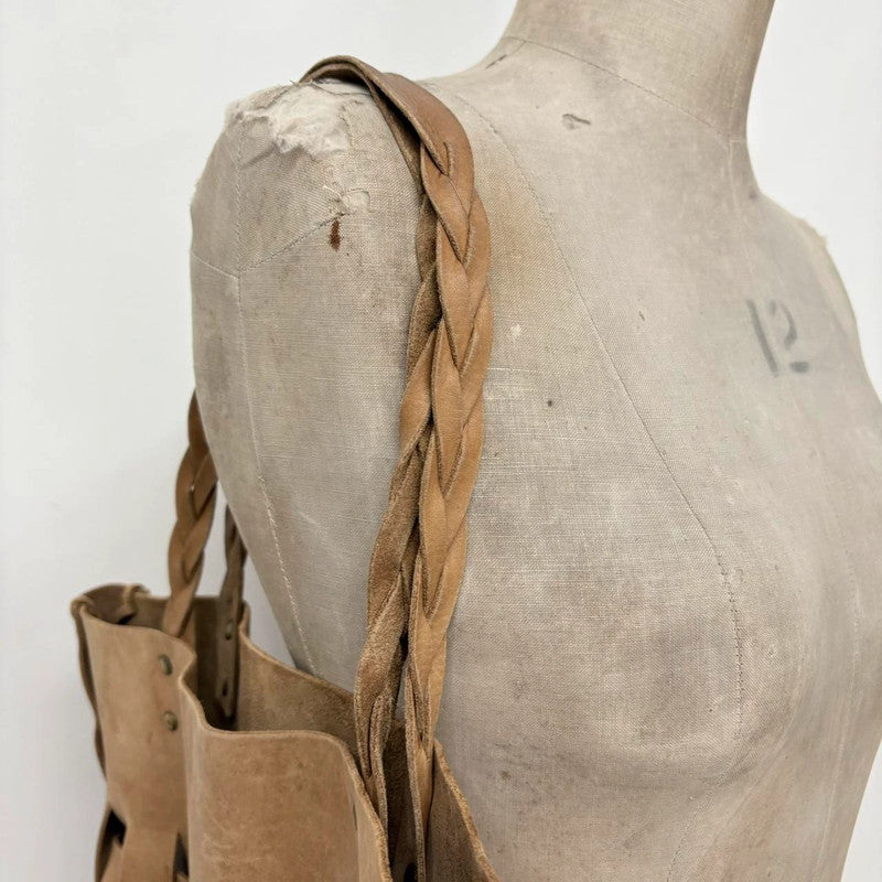 tan leather woven tote bag